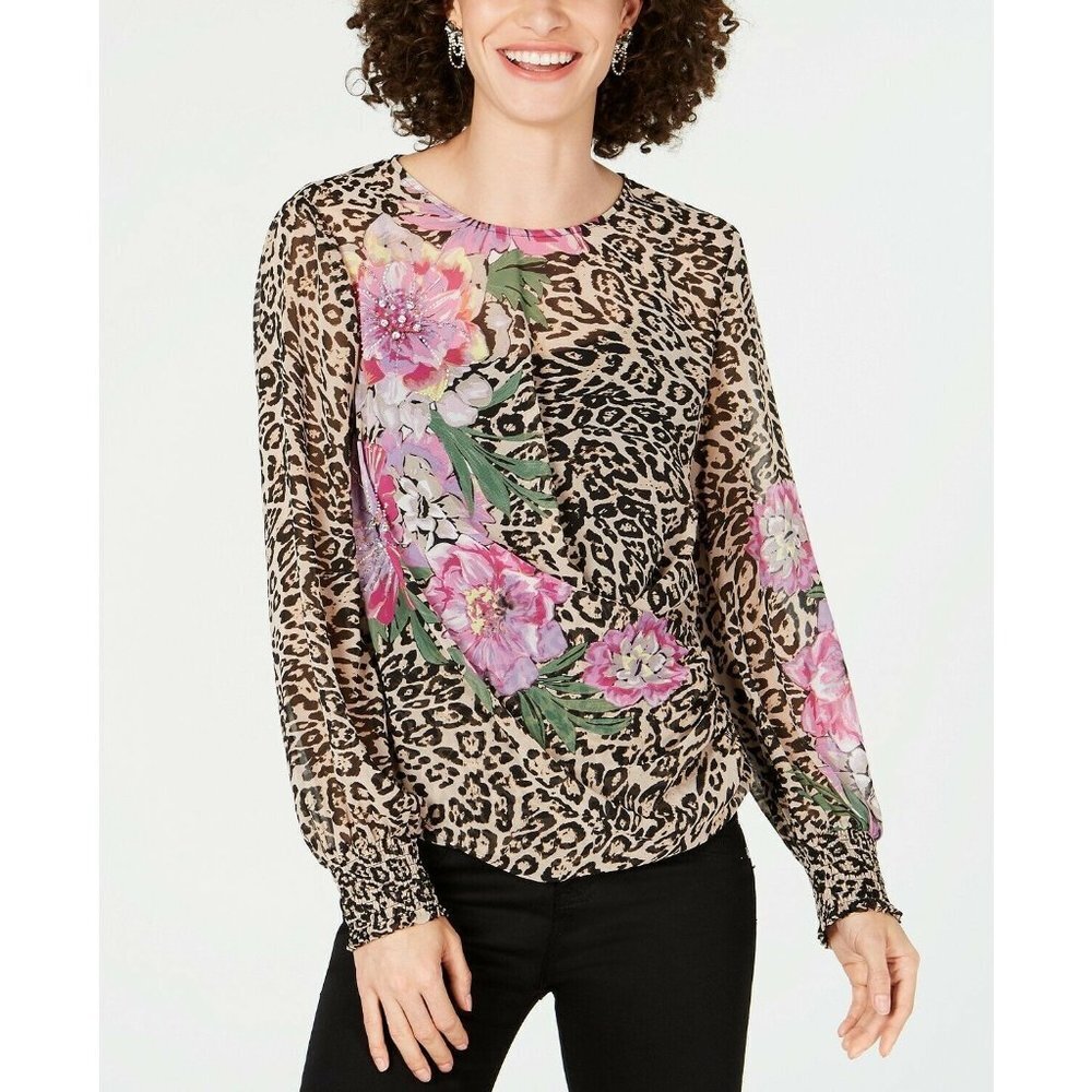 INC Leopard-Print with Floral Details Top Size S